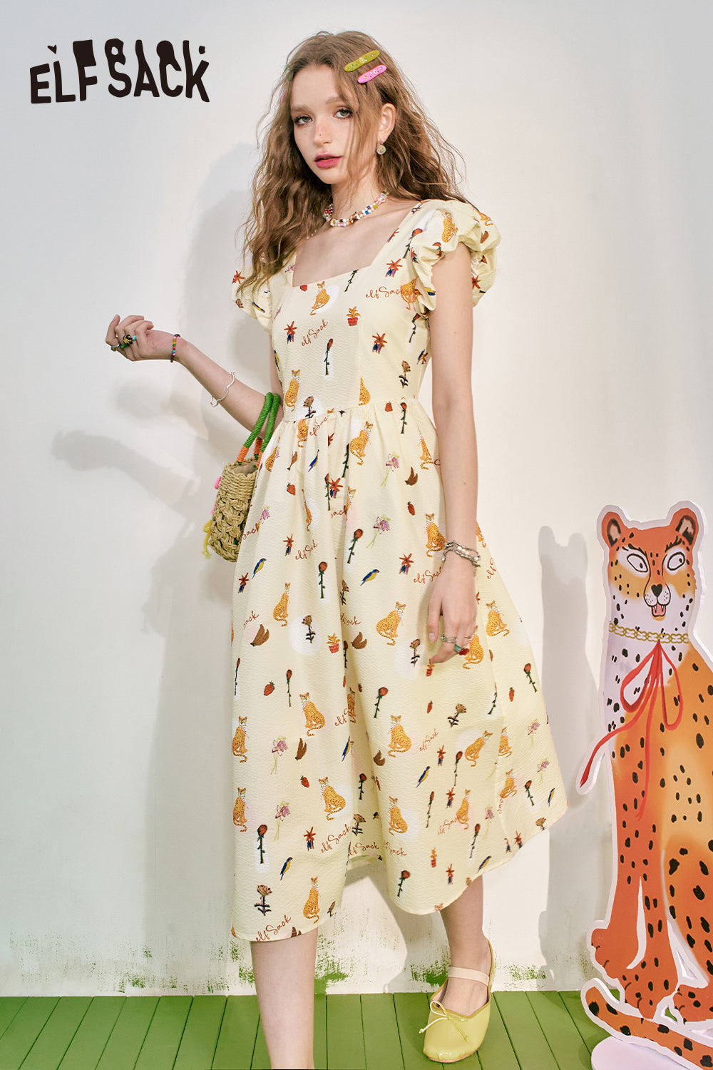 ELFSACK French square neckline floral dress for summer, women's waist up holiday dress