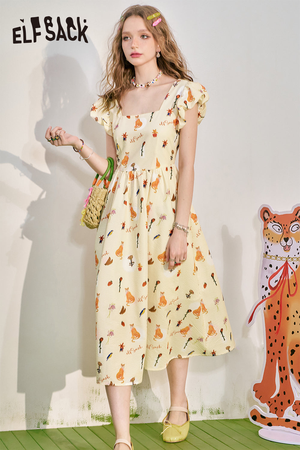 ELFSACK French square neckline floral dress for summer, women's waist up holiday dress