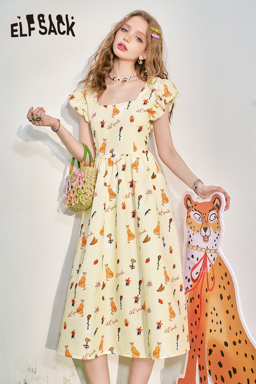 ELFSACK French square neckline floral dress for summer, women's waist up holiday dress
