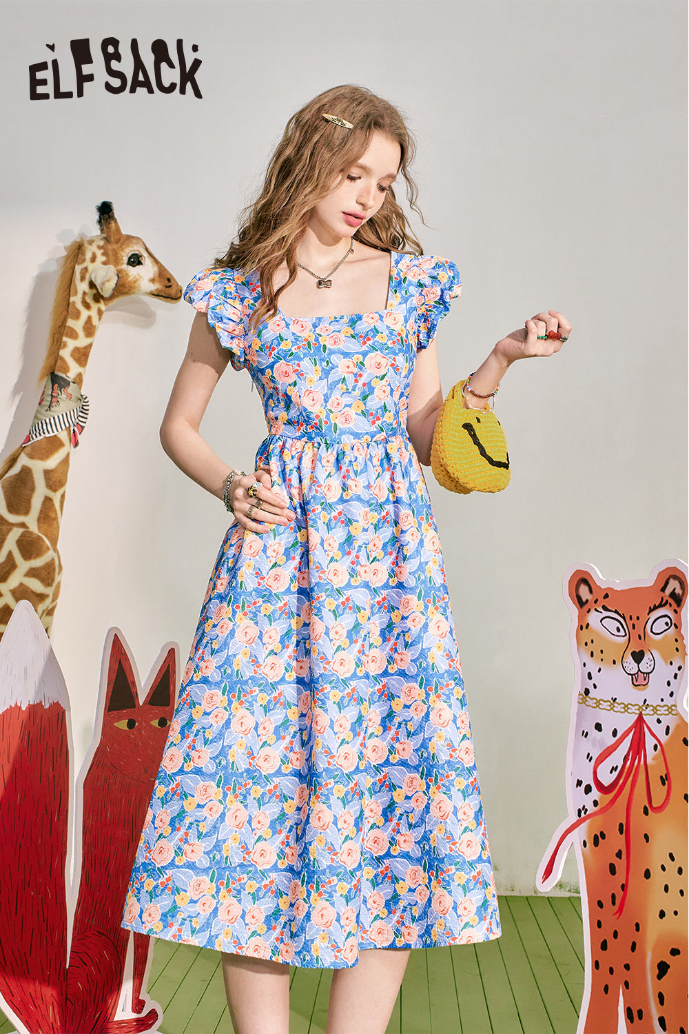 ELFSACK French square neckline floral dress for summer, women's waist up holiday dress