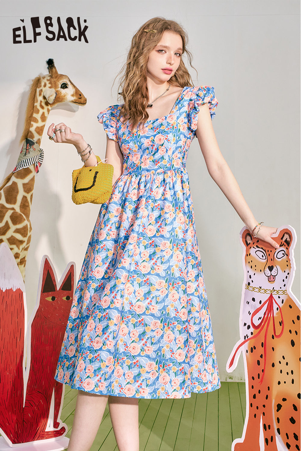 ELFSACK French square neckline floral dress for summer, women's waist up holiday dress