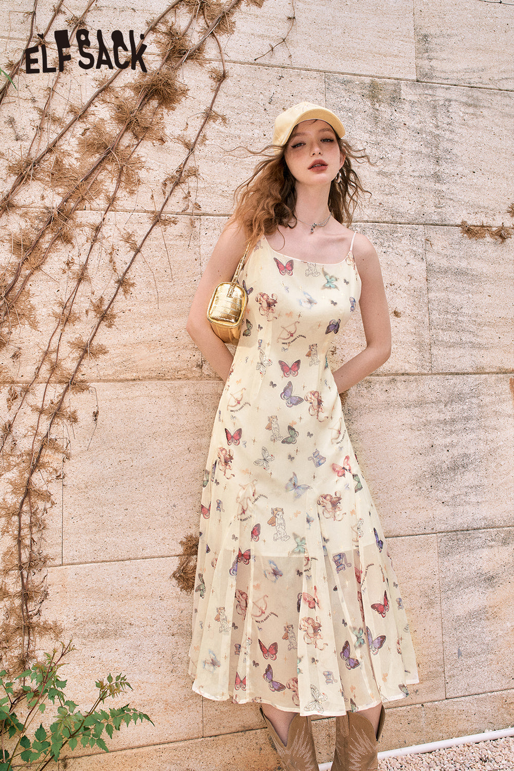 ELFSACK White butterfly print suspenders slim holiday style dress