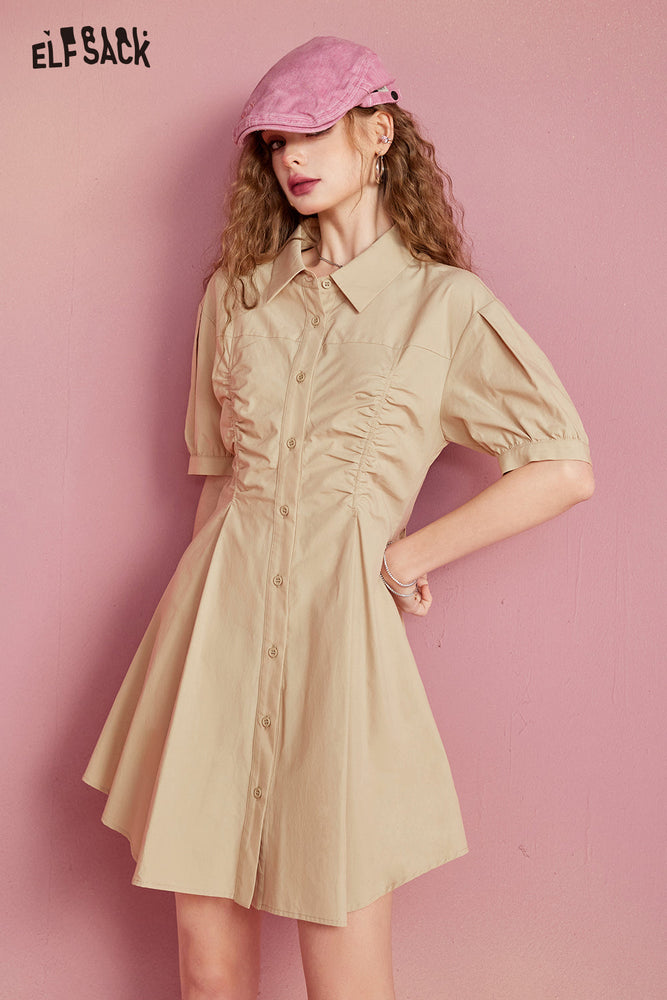 
                  
                    ELFSACK Bubble sleeved solid color shirt style dress with a waistband, short cut, slim fit, and a casual and cute A-line skirt that covers the hips
                  
                