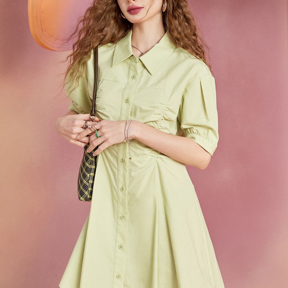 
                  
                    ELFSACK Bubble sleeved solid color shirt style dress with a waistband, short cut, slim fit, and a casual and cute A-line skirt that covers the hips
                  
                