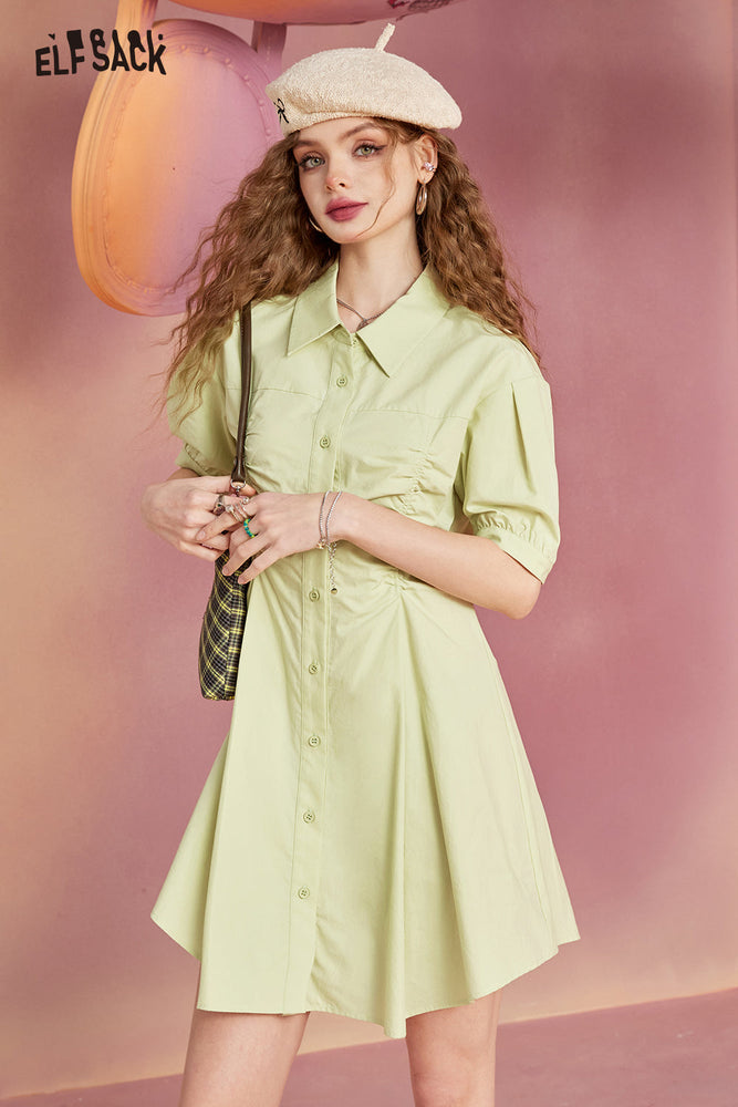 
                  
                    ELFSACK Bubble sleeved solid color shirt style dress with a waistband, short cut, slim fit, and a casual and cute A-line skirt that covers the hips
                  
                