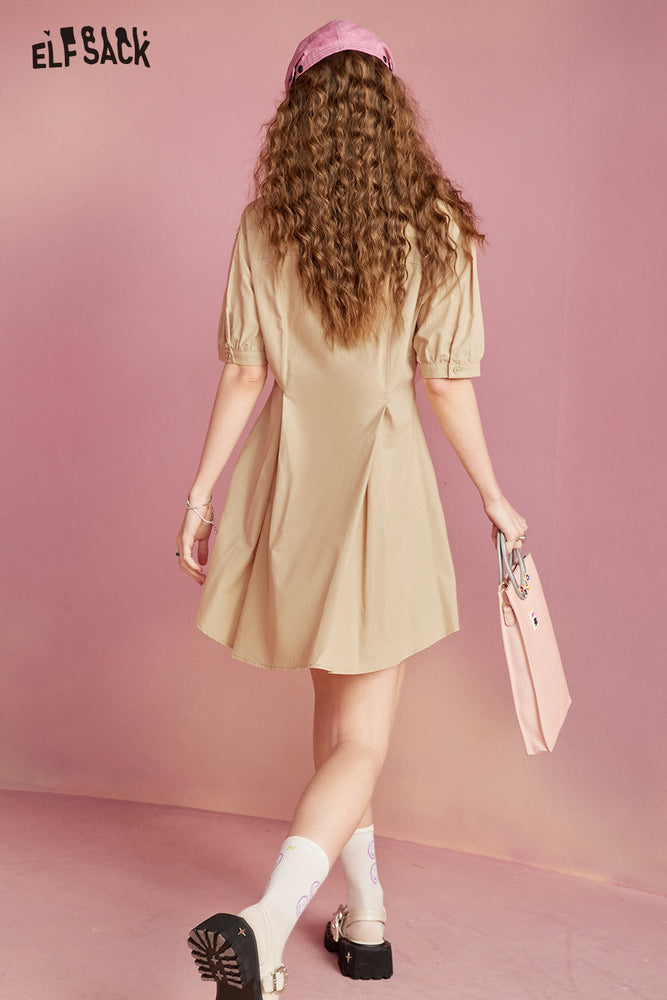 
                  
                    ELFSACK Bubble sleeved solid color shirt style dress with a waistband, short cut, slim fit, and a casual and cute A-line skirt that covers the hips
                  
                