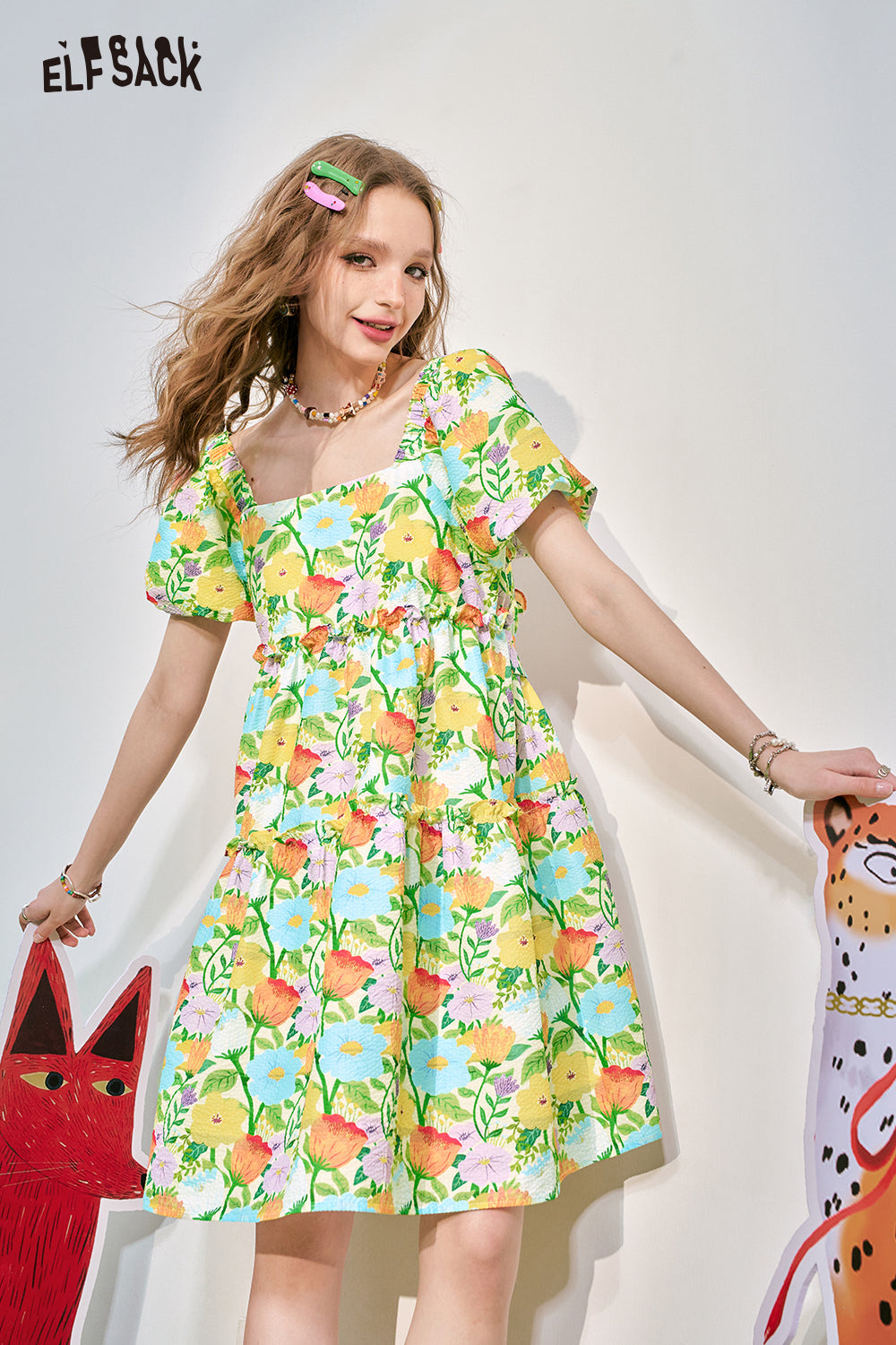 ELFSACK Bubble Sleeves Fragmented Flower Dress Women's Waist Wrapped Style Holiday Princess Dress