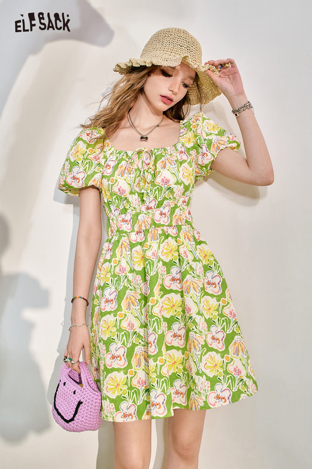 ELFSACK Bubble Sleeves Fragmented Flower Dress Women's Waist Wrapped Style Holiday Princess Dress