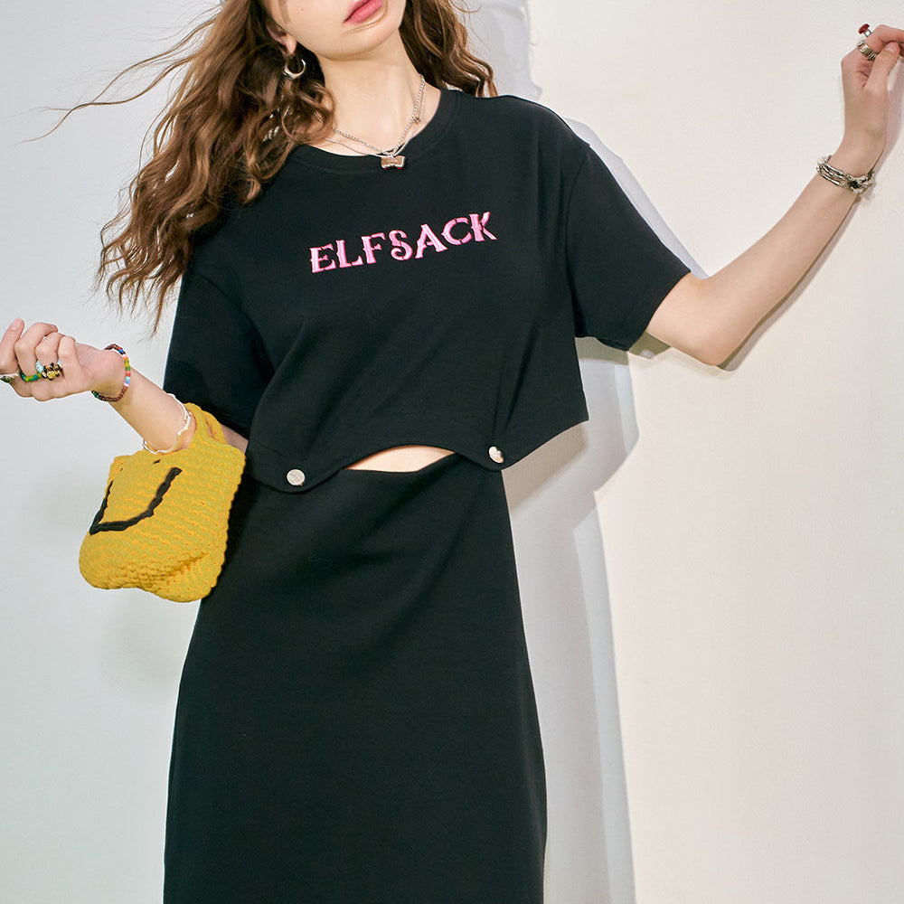 ELFSACK 2024 Summer New Detachable Letter Printed T-shirt Dress Women's Casual Design Feeling Skirt