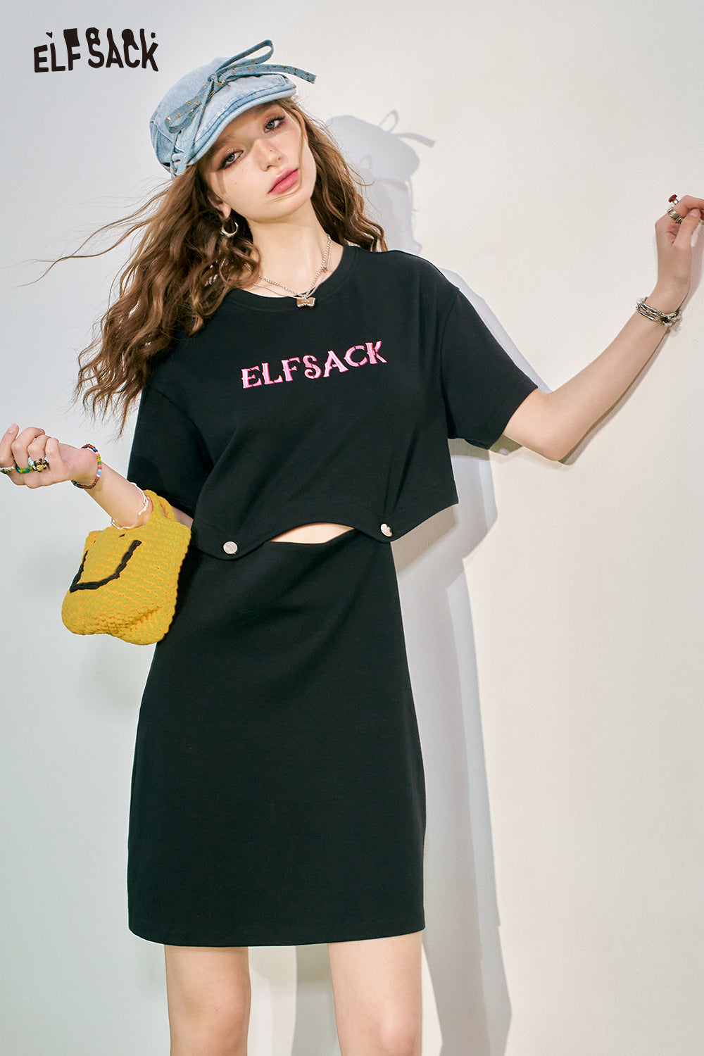 ELFSACK 2024 Summer New Detachable Letter Printed T-shirt Dress Women's Casual Design Feeling Skirt