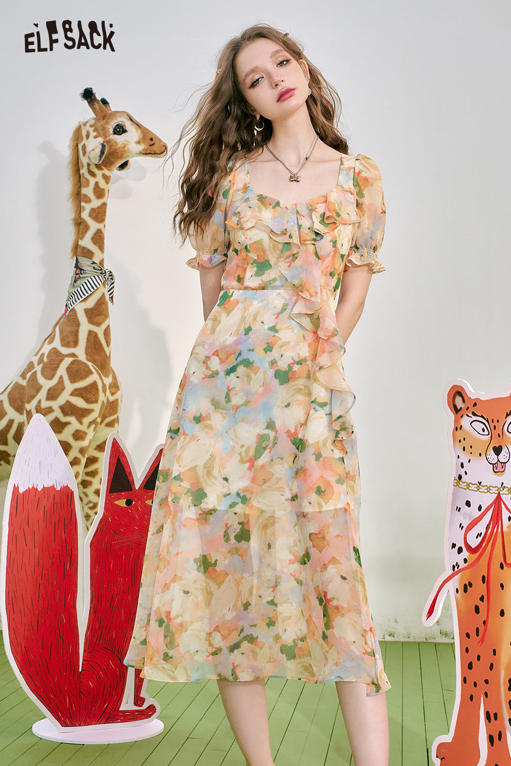 ELFSACK French Bubble Sleeves Wrap Up to Look Slim Ladies Fragmented Flower Dress Women