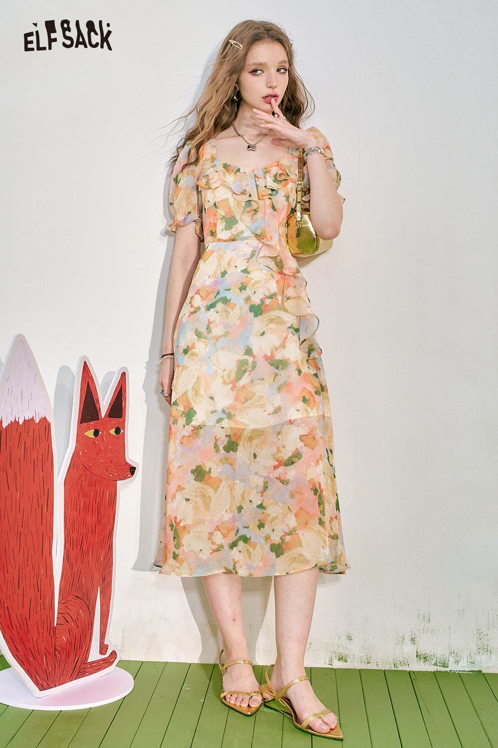 ELFSACK French Bubble Sleeves Wrap Up to Look Slim Ladies Fragmented Flower Dress Women
