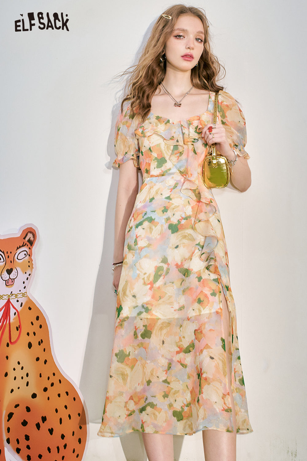 ELFSACK French Bubble Sleeves Wrap Up to Look Slim Ladies Fragmented Flower Dress Women