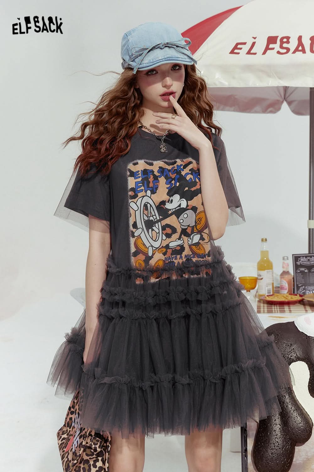 ELFSACK Mickey mesh stitching print rebellious sexy T-shirt dress