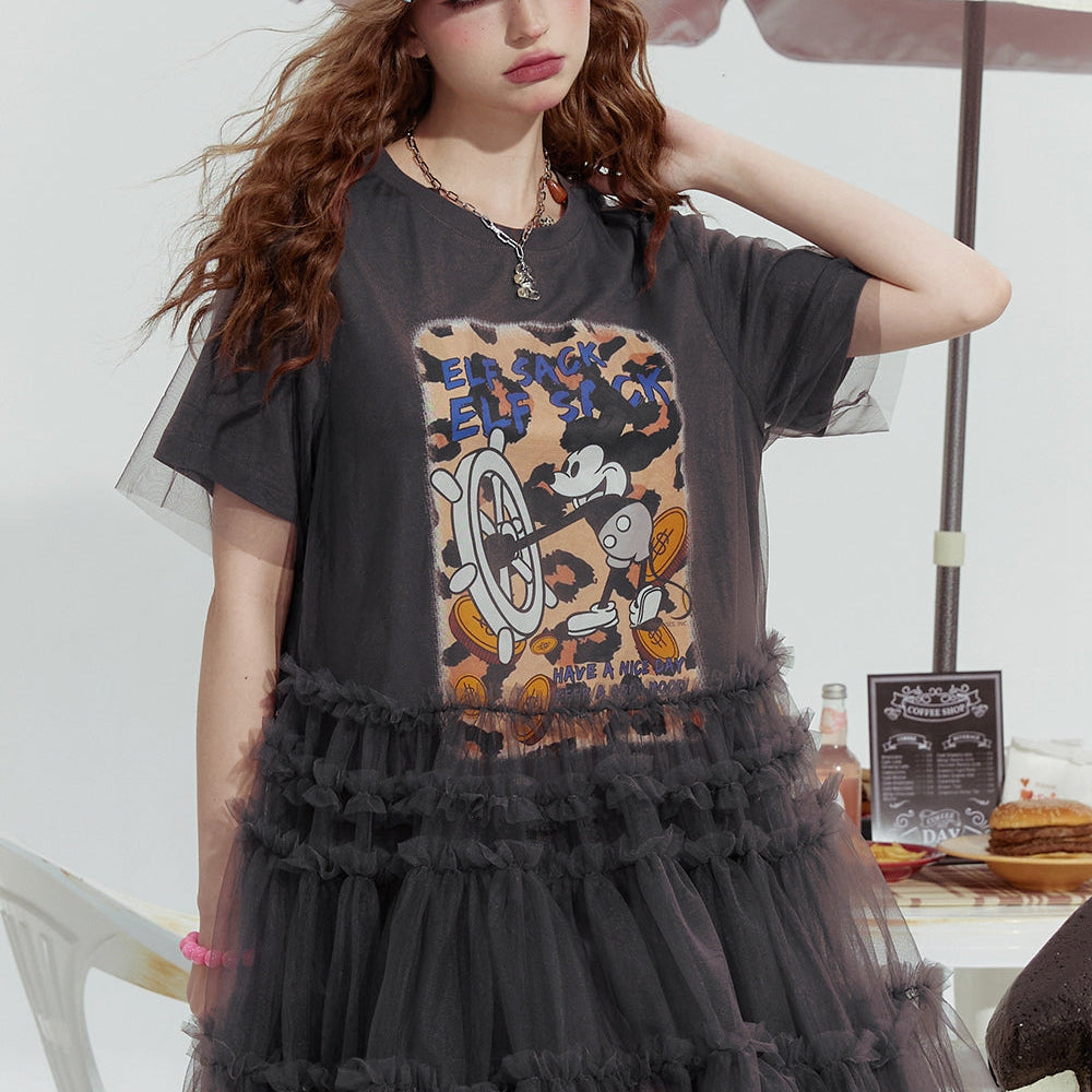 
                  
                    ELFSACK 2024 Summer New Mickey mesh stitching print rebellious sexy T-shirt dress for women
                  
                