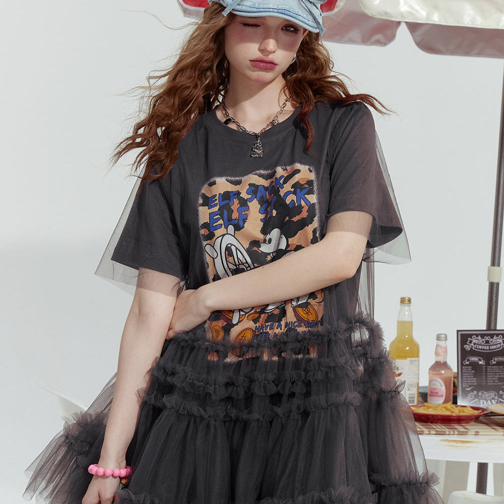 
                  
                    ELFSACK 2024 Summer New Mickey mesh stitching print rebellious sexy T-shirt dress for women
                  
                