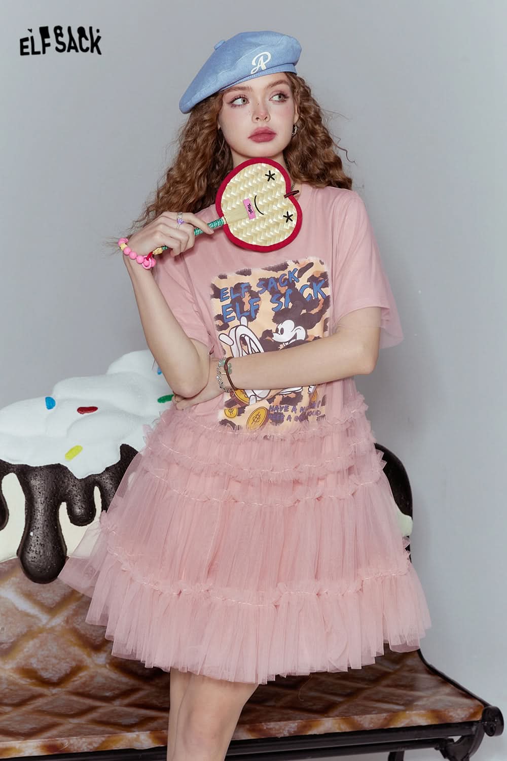 ELFSACK Mickey mesh stitching print rebellious sexy T-shirt dress