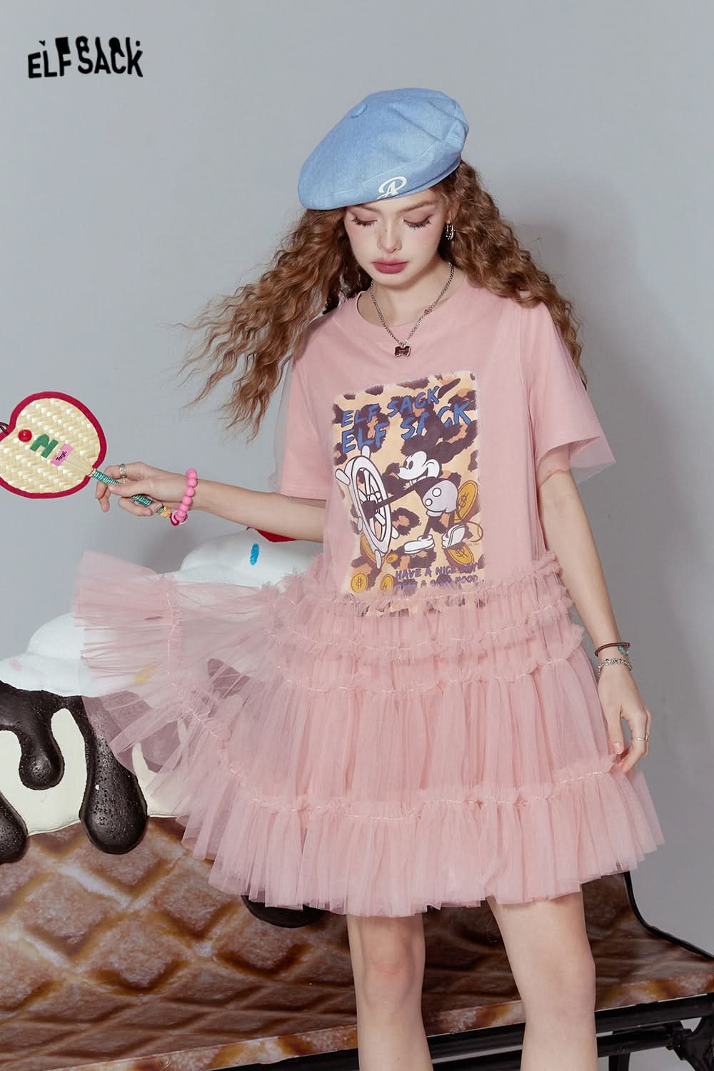 ELFSACK Mickey mesh stitching print rebellious sexy T-shirt dress