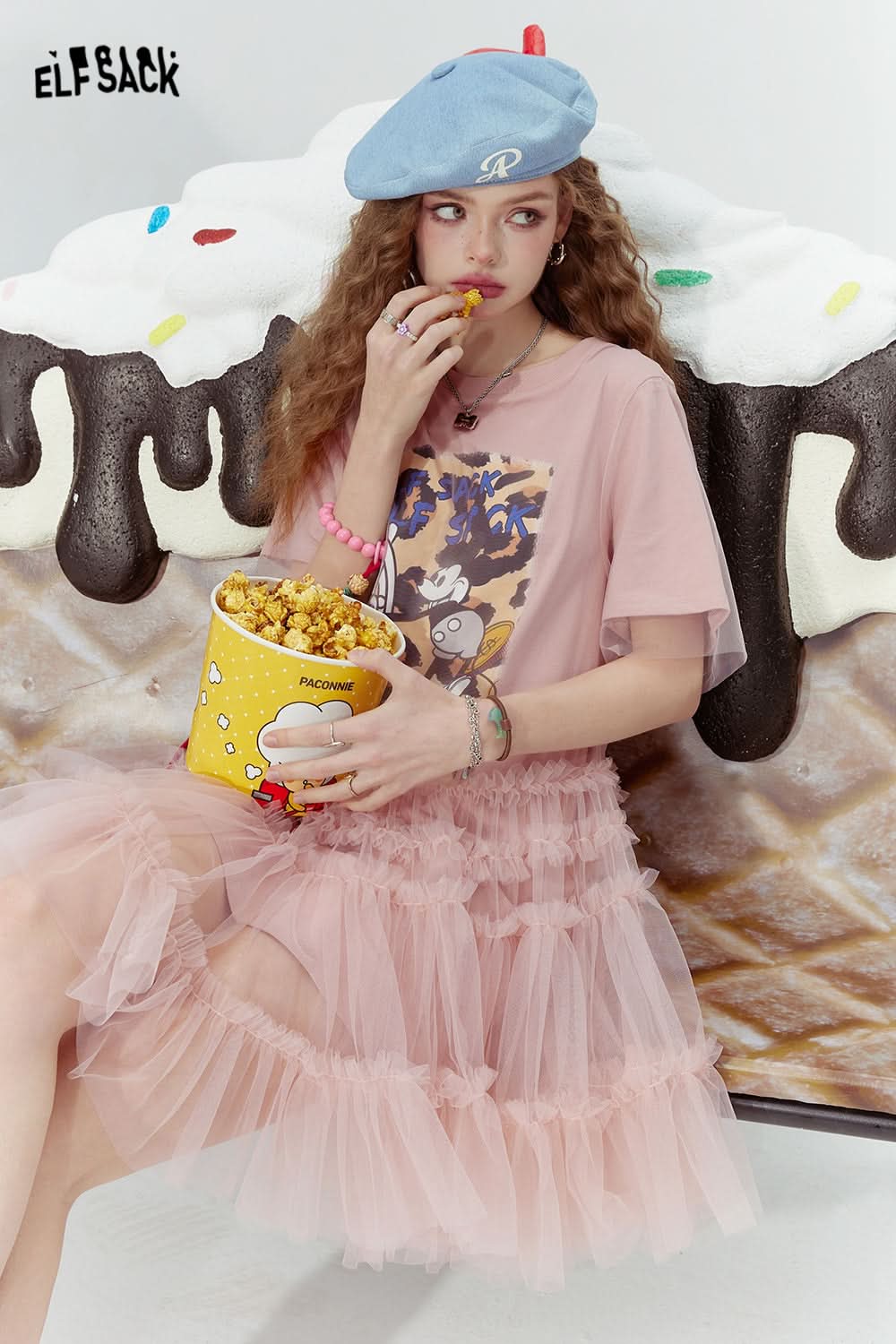 ELFSACK Mickey mesh stitching print rebellious sexy T-shirt dress