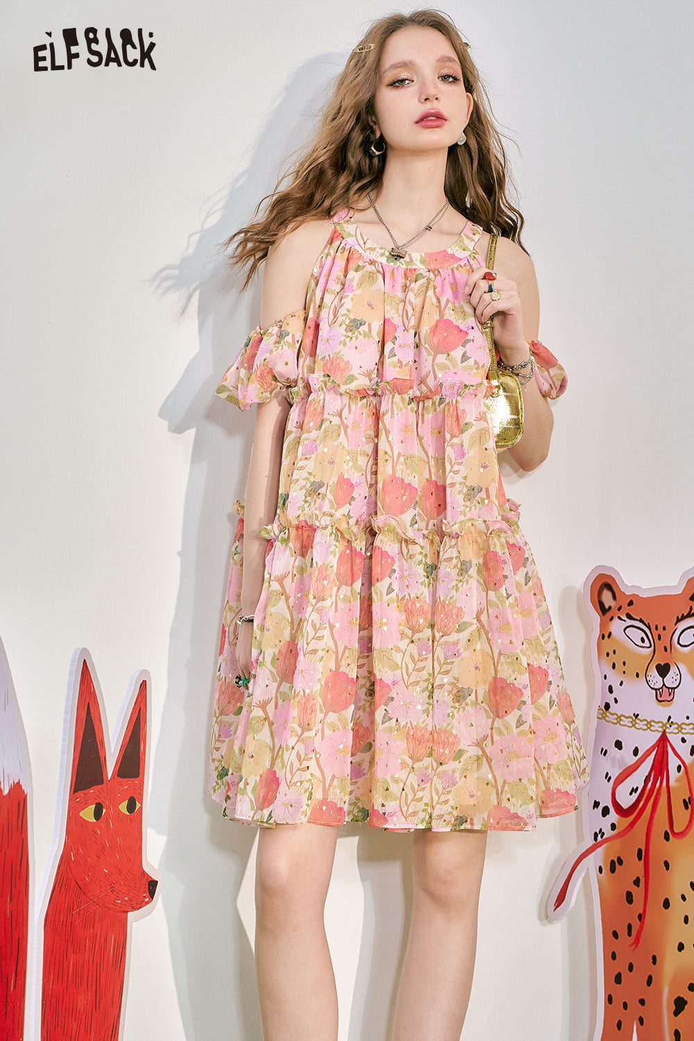 ELFSACK Hanging Neck Off Shoulder Fragmented Flower Dress Women's Style Holiday Princess Dress