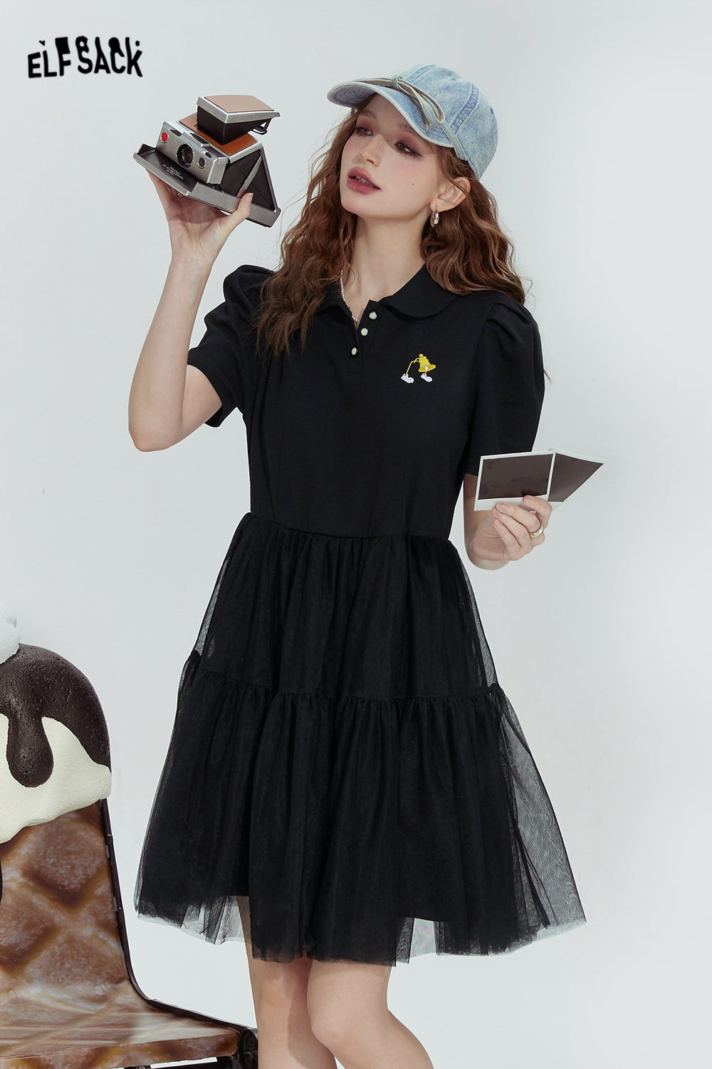 ELFSACK Black mesh fashion rebellious cute style stitching dress