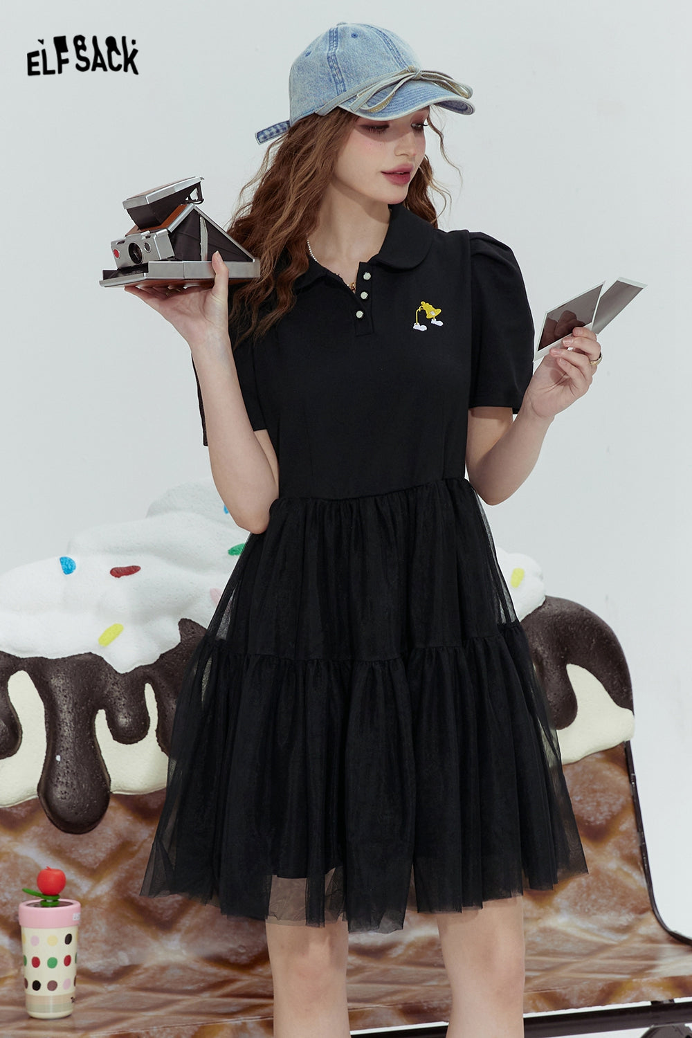 ELFSACK Black mesh fashion rebellious cute style stitching dress