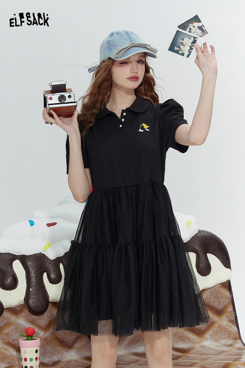 ELFSACK Black mesh fashion rebellious cute style stitching dress
