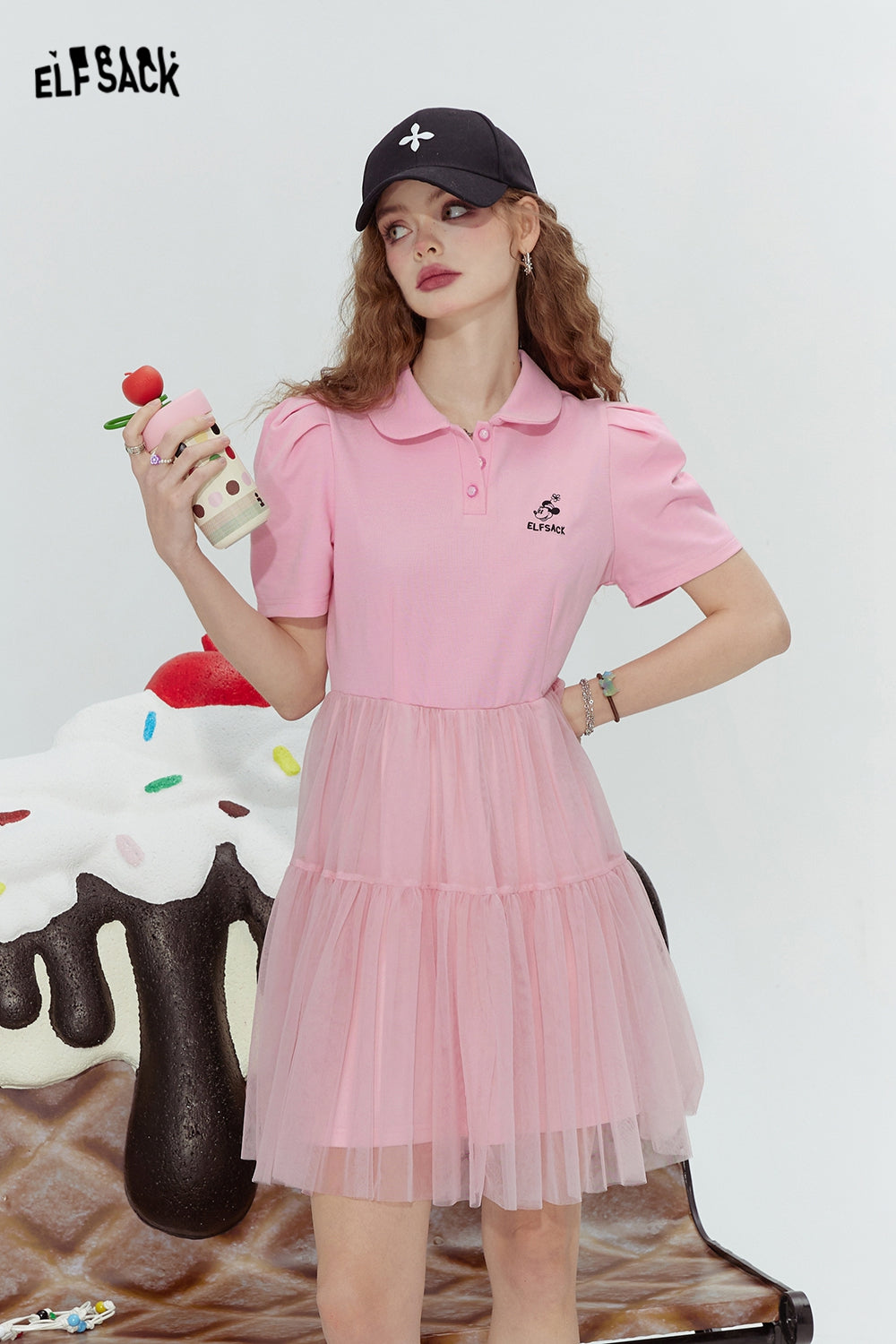 ELFSACK Black mesh fashion rebellious cute style stitching dress