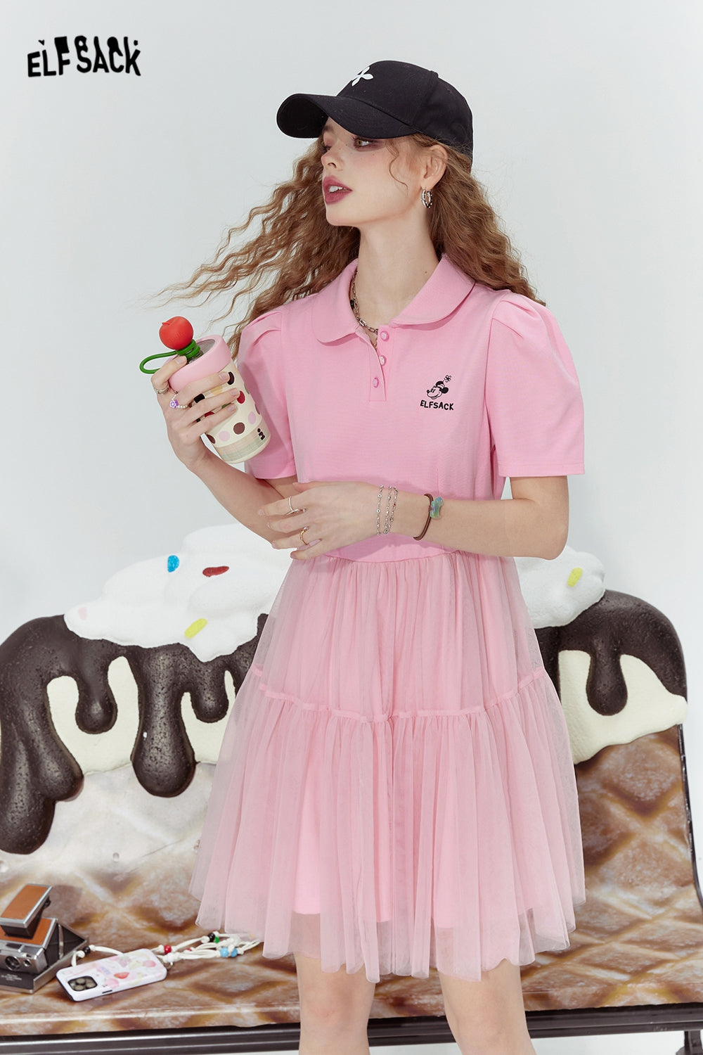 ELFSACK Black mesh fashion rebellious cute style stitching dress