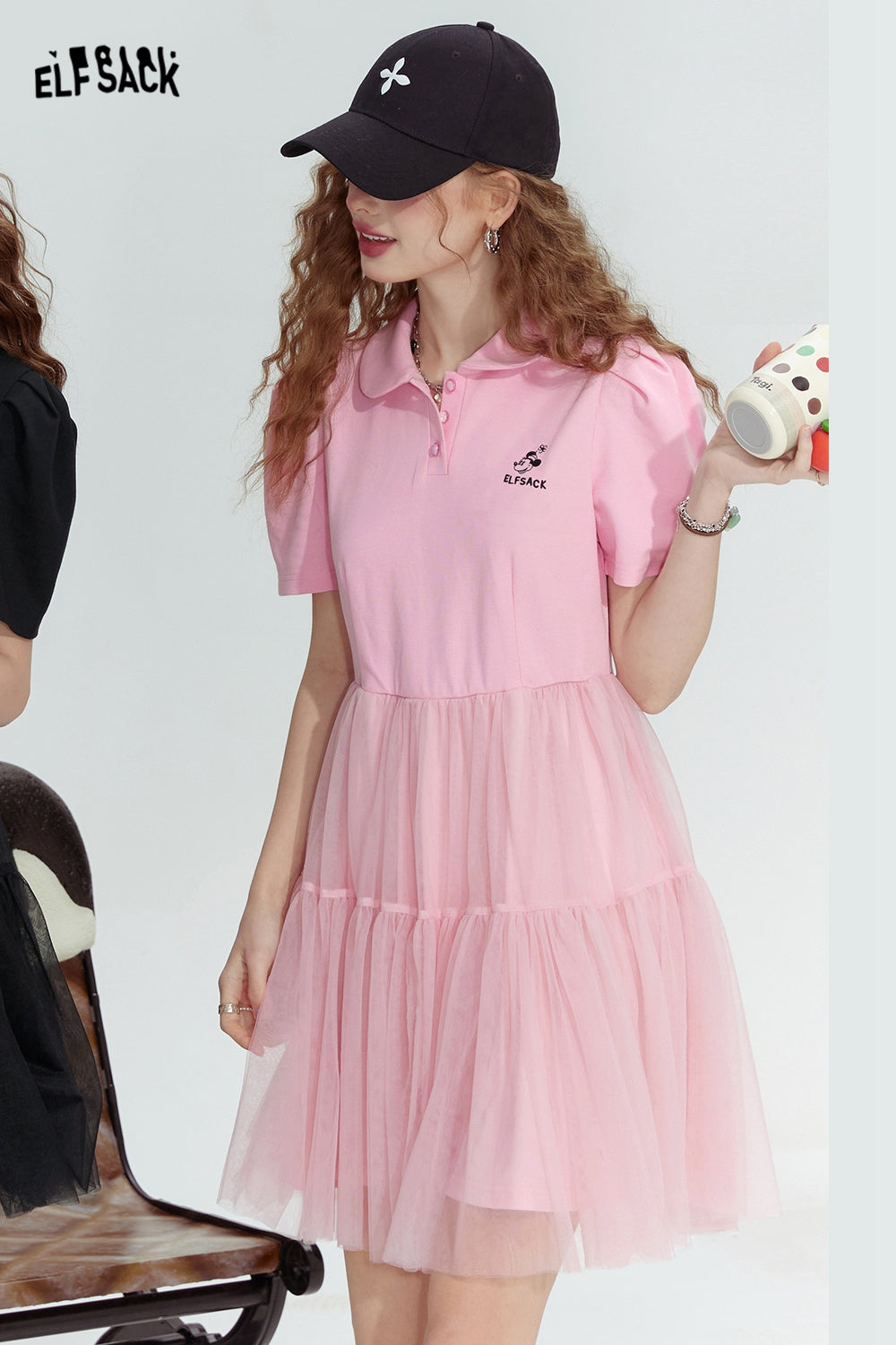 ELFSACK Black mesh fashion rebellious cute style stitching dress