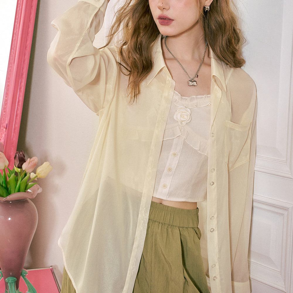 ELFSACK 2024 summer new arrival picnic travel vacation holiday soft comfortable fitted Wooden ear edge strap chiffon shirt two-piece set beautiful sun protection