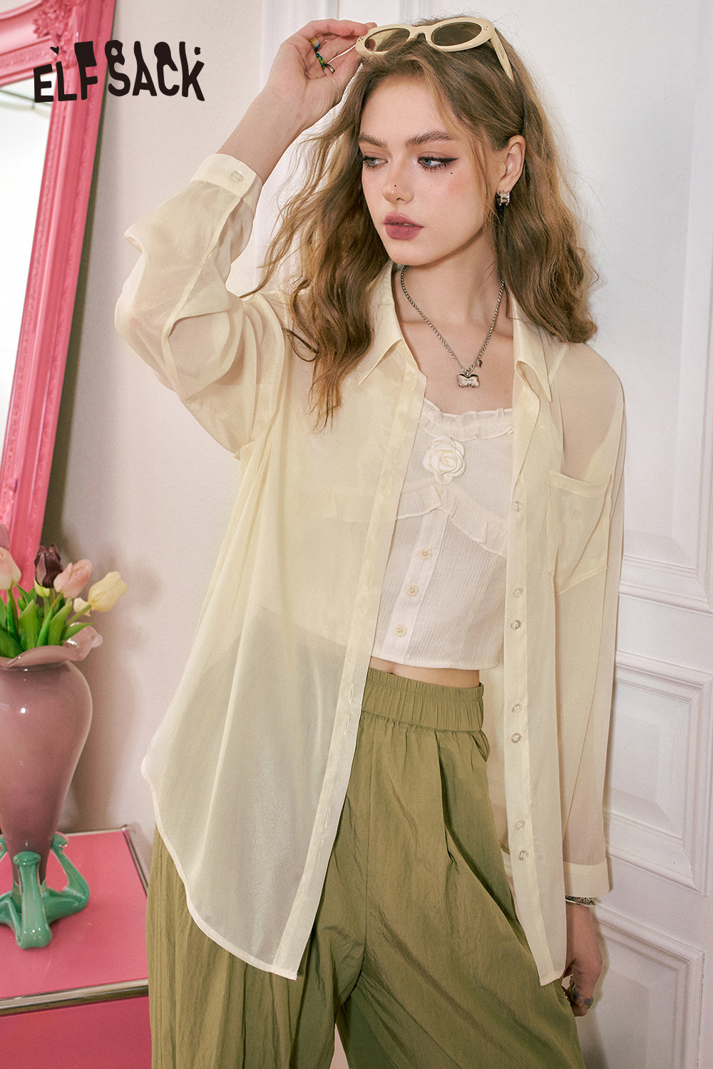 ELFSACK 2024 summer new arrival picnic travel vacation holiday soft comfortable fitted Wooden ear edge strap chiffon shirt two-piece set beautiful sun protection