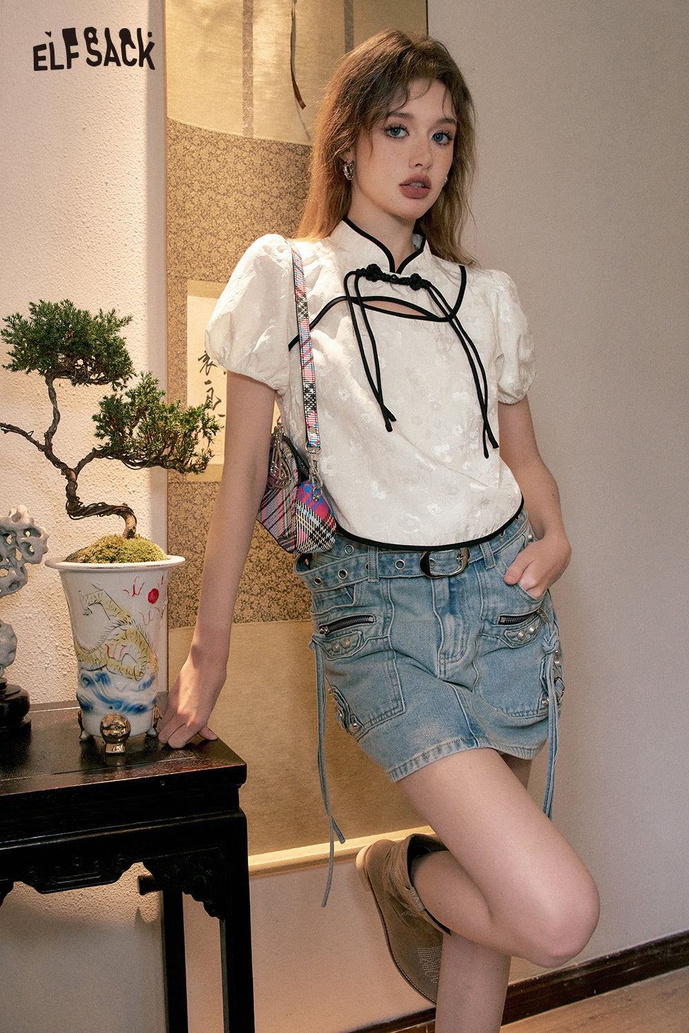 ELFSACK picnic travel vacation holiday soft comfortable fitted jacquard weave Chinese style shirt printing casual short button pullover