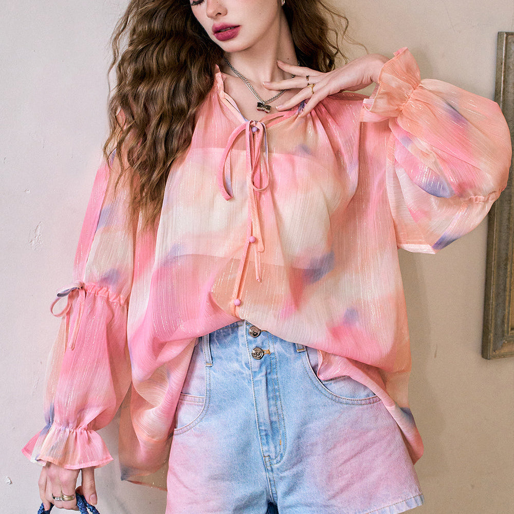 ELFSACK 2024 Summer New Butterfly pattern collar design lazy style chiffon print slim shirt for women