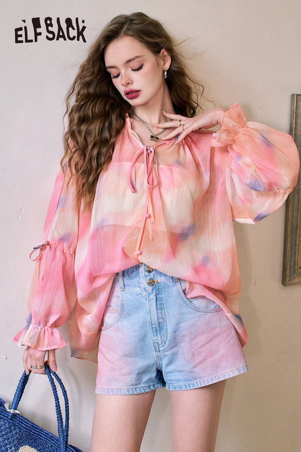 ELFSACK 2024 Summer New Butterfly pattern collar design lazy style chiffon print slim shirt for women