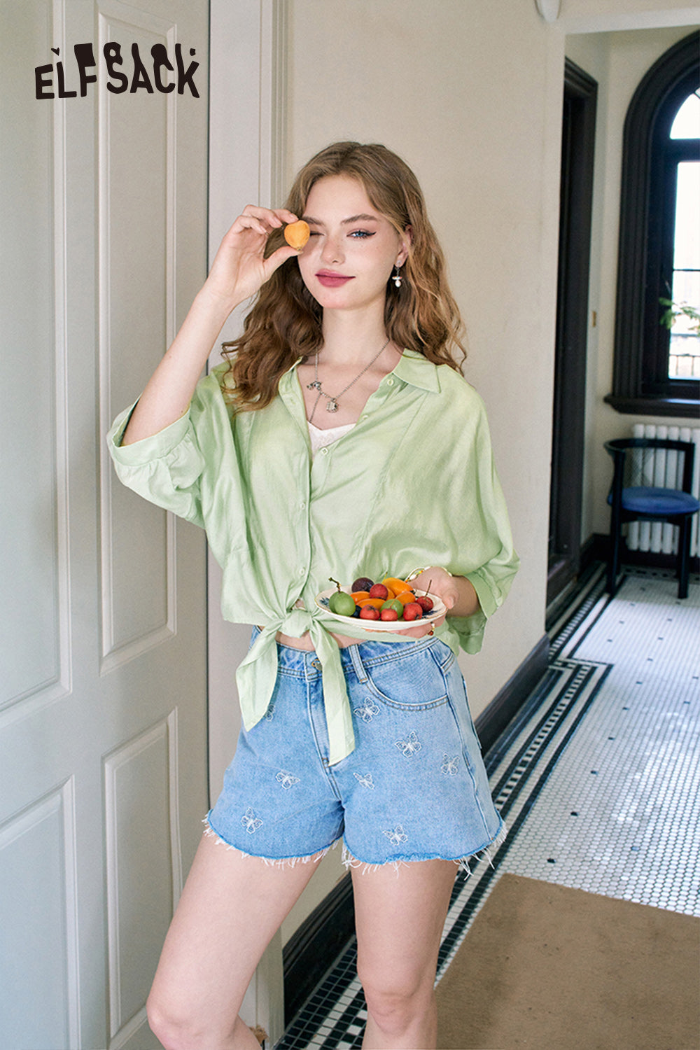 ELFSACK French thin loose temperament solid color versatile slim shirt