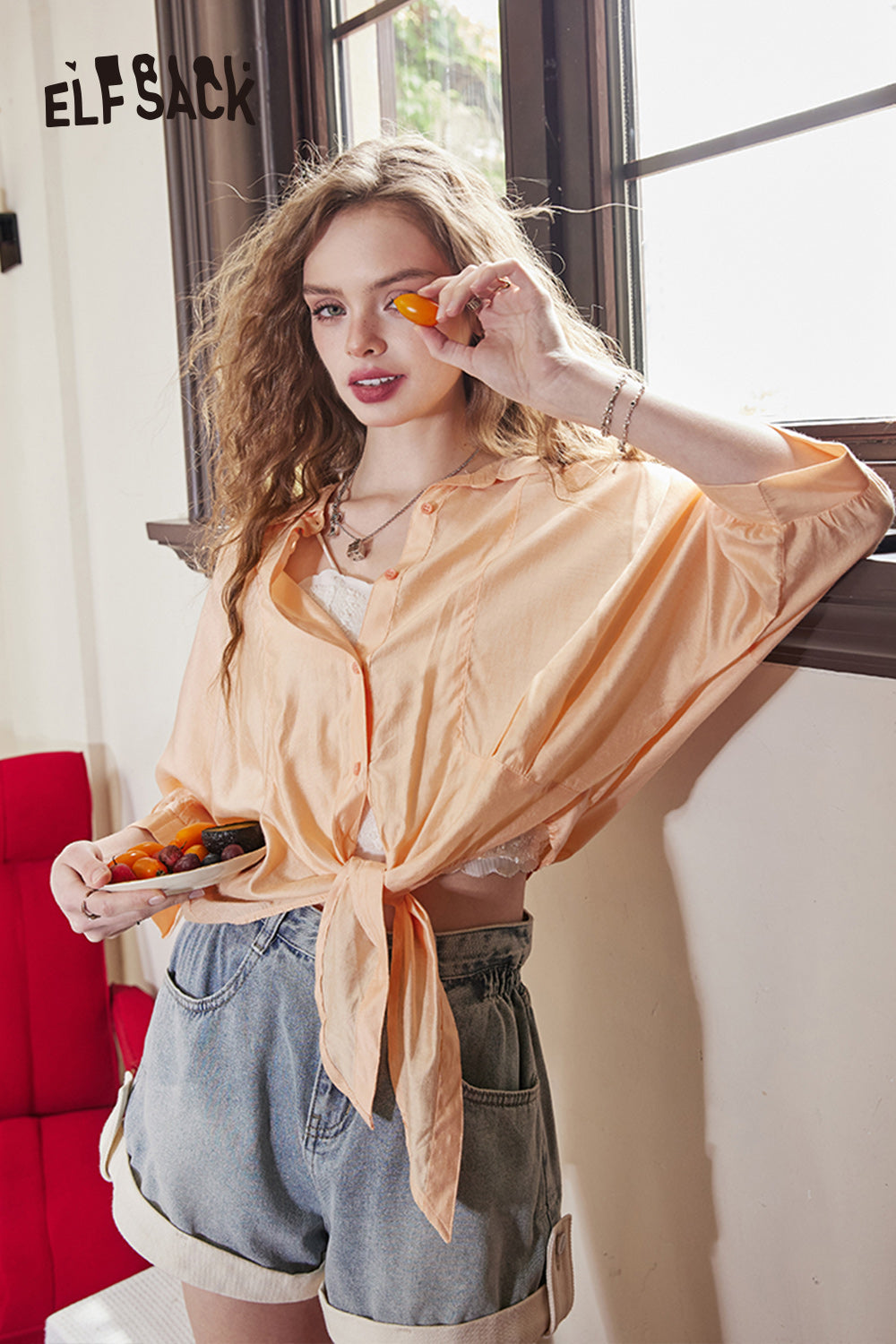 ELFSACK French thin loose temperament solid color versatile slim shirt