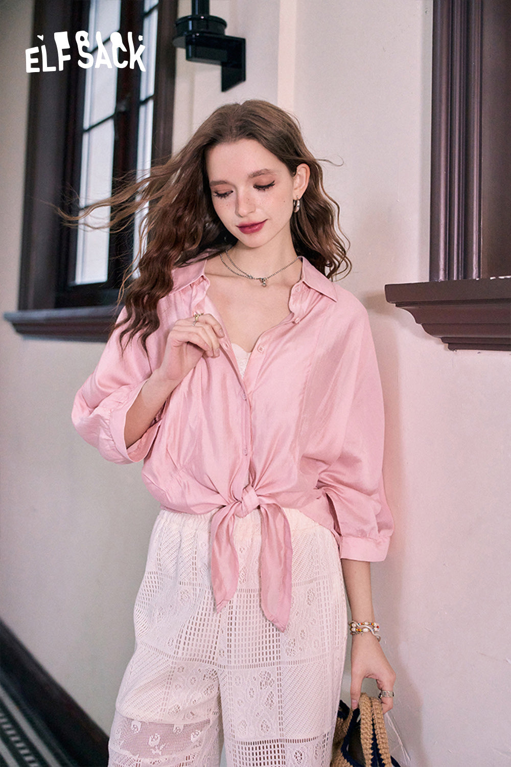 ELFSACK French thin loose temperament solid color versatile slim shirt