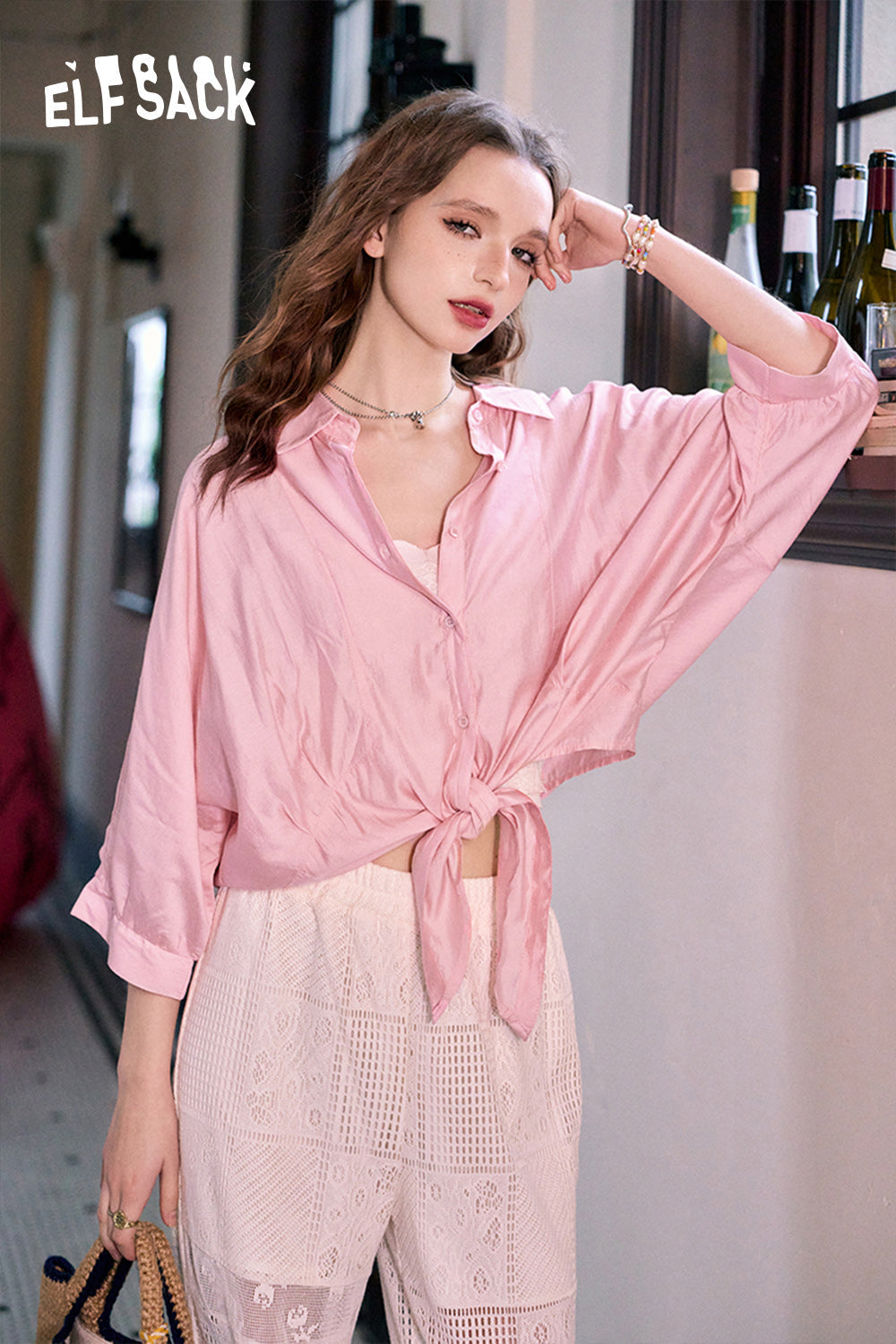 ELFSACK French thin loose temperament solid color versatile slim shirt