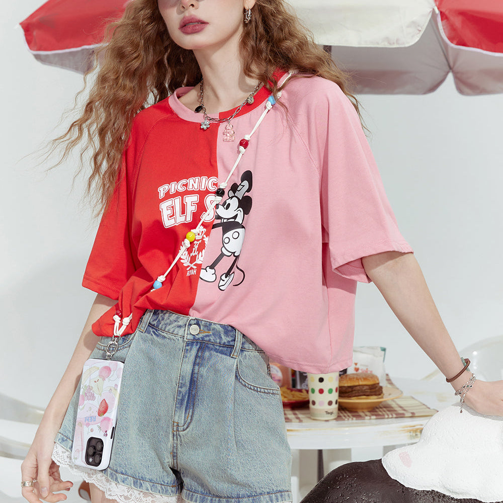 
                  
                    ELFSACK 2024 Summer New Contrast color stitching loose design cool girl slim top short sleeve T-shirt for women
                  
                