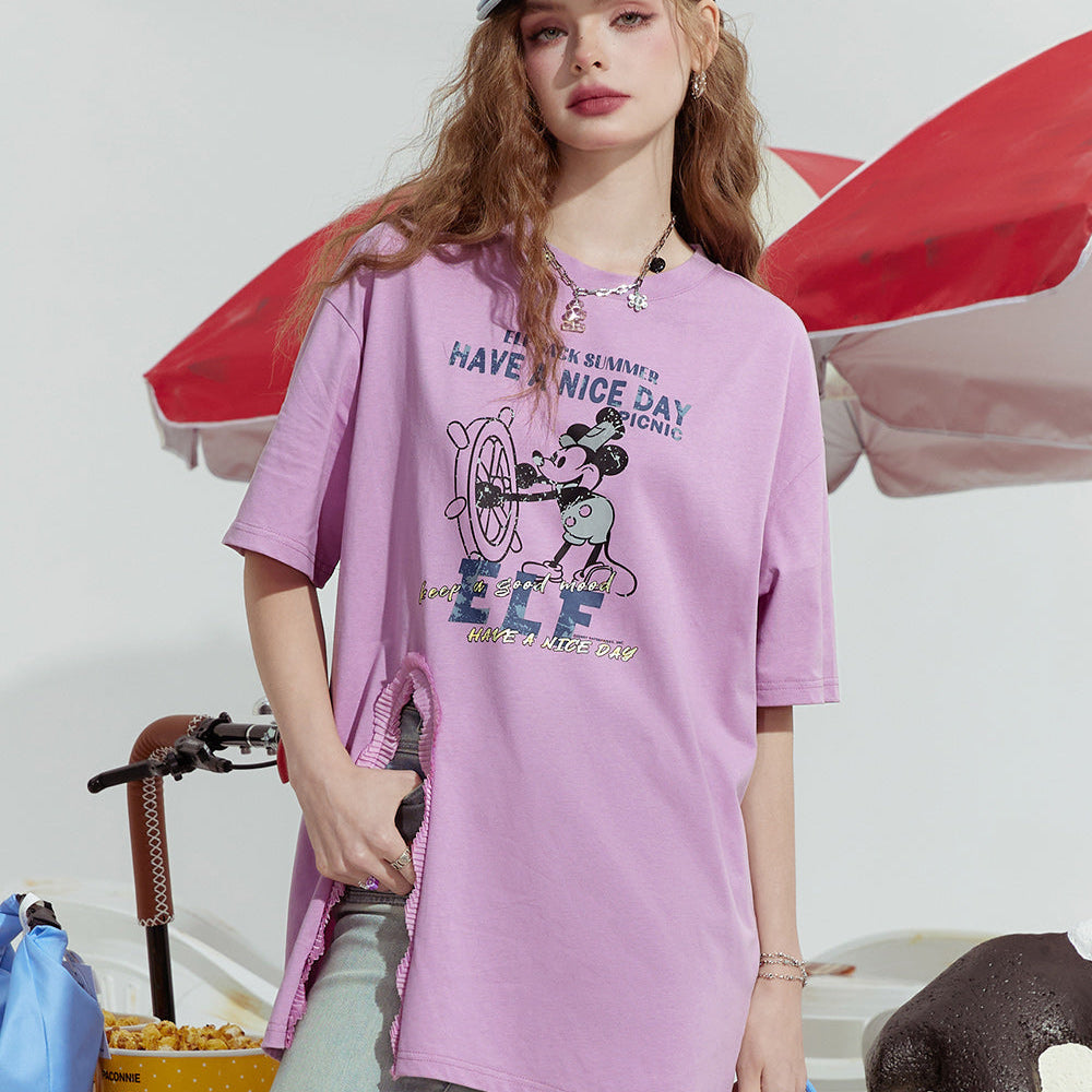 
                  
                    ELFSACK 2024 Summer New Mickey print casual lazy loose side slit pleated design short-sleeved T-shirt for women
                  
                