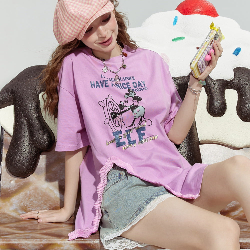 
                  
                    ELFSACK 2024 Summer New Mickey print casual lazy loose side slit pleated design short-sleeved T-shirt for women
                  
                