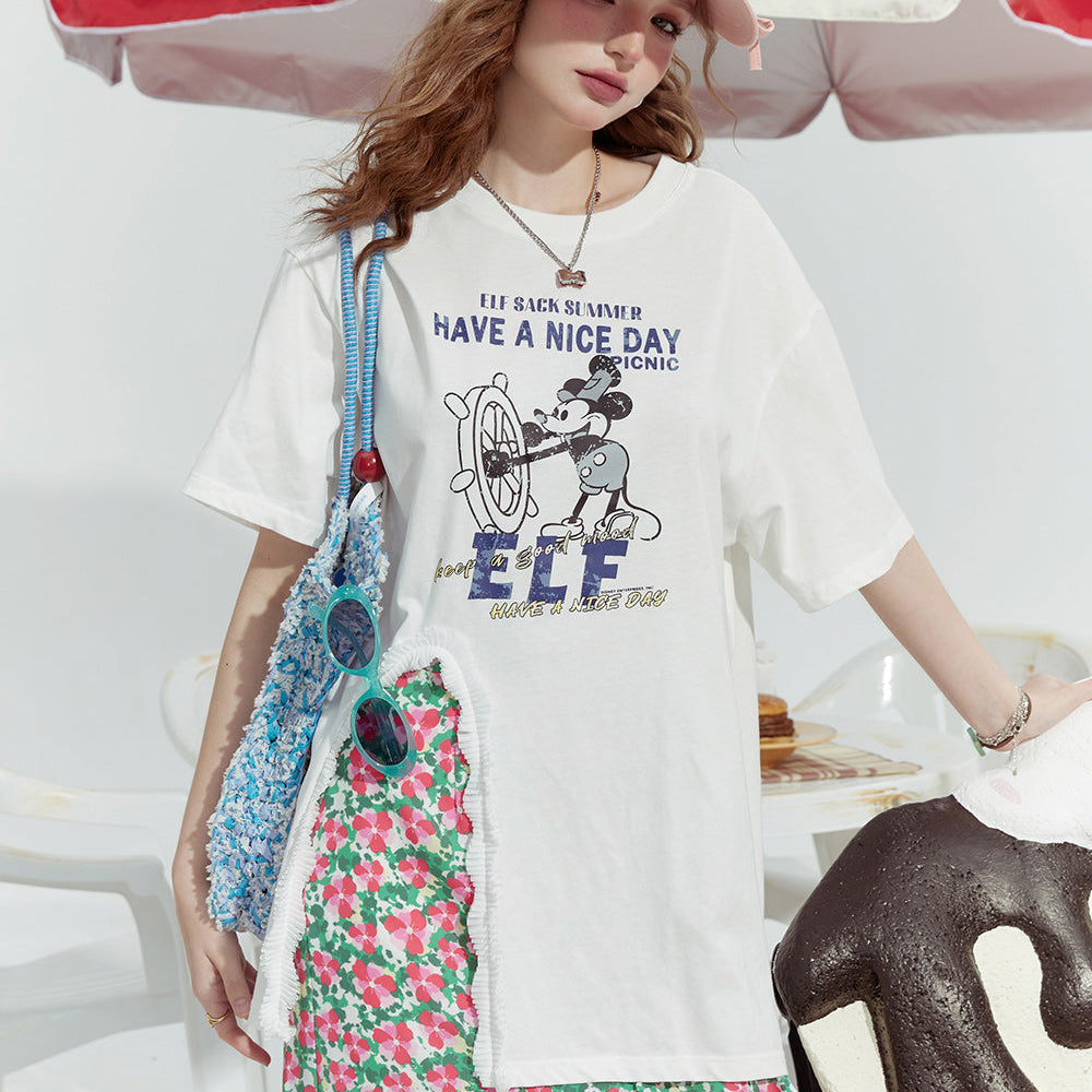 ELFSACK 2024 Summer New Mickey print casual lazy loose side slit pleated design short-sleeved T-shirt for women