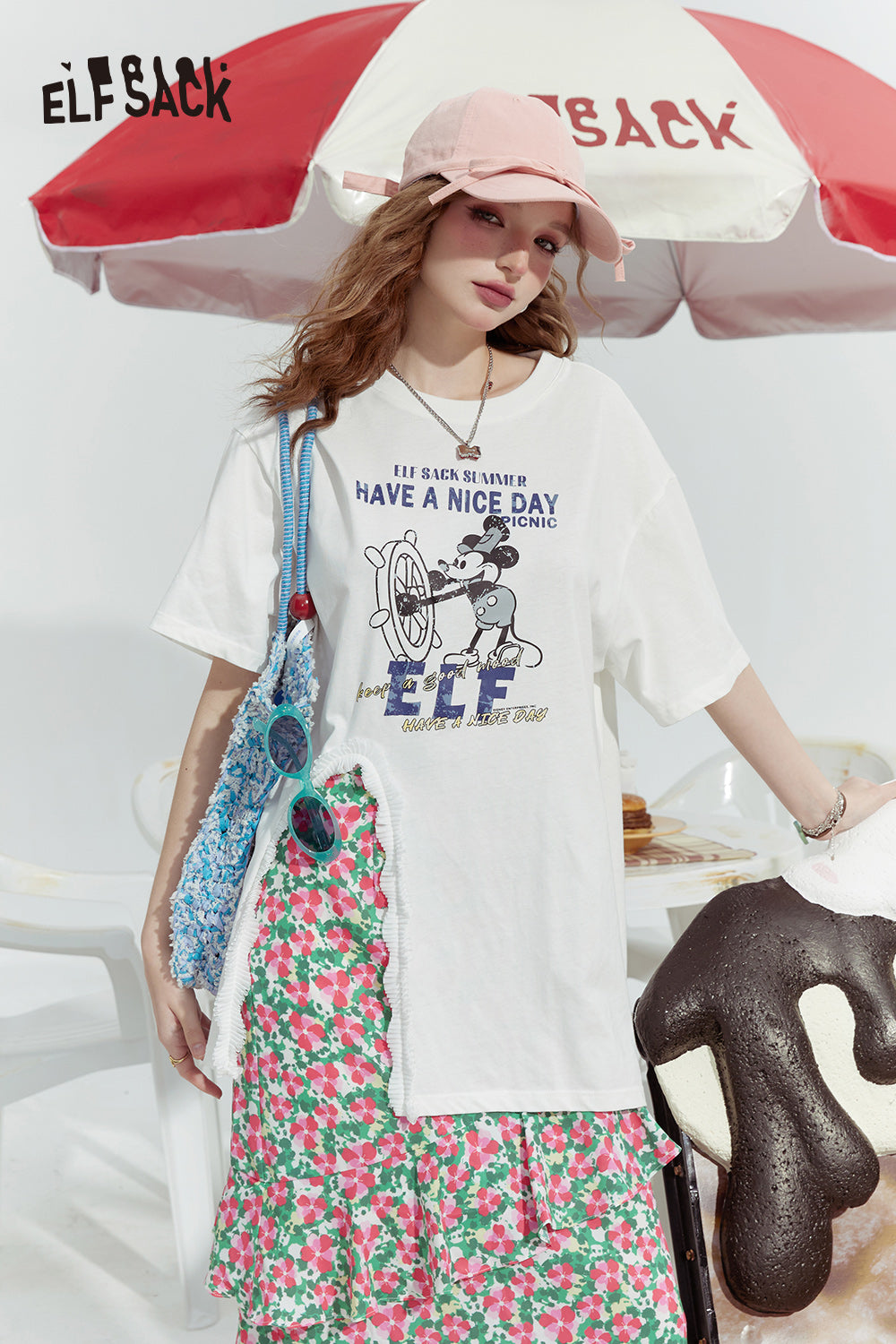 ELFSACK 2024 Summer New Mickey print casual lazy loose side slit pleated design short-sleeved T-shirt for women