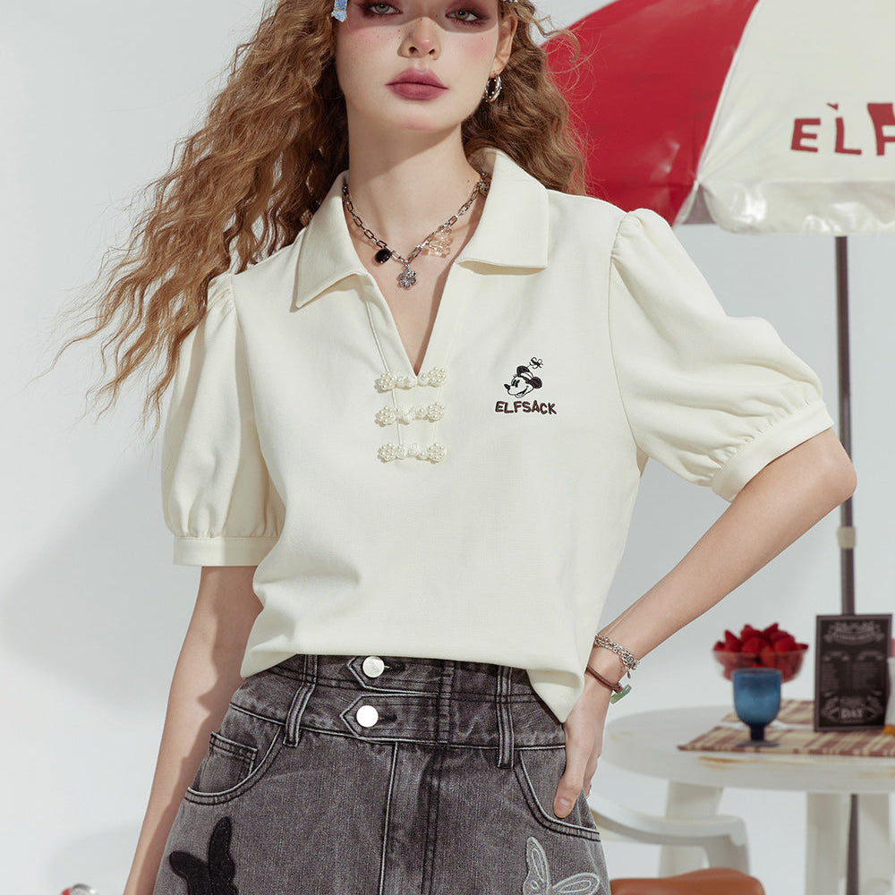 
                  
                    ELFSACK 2024 Summer New Polo collar puff sleeves v-neck three-button straight shoulder slim short sleeve T-shirt for women
                  
                