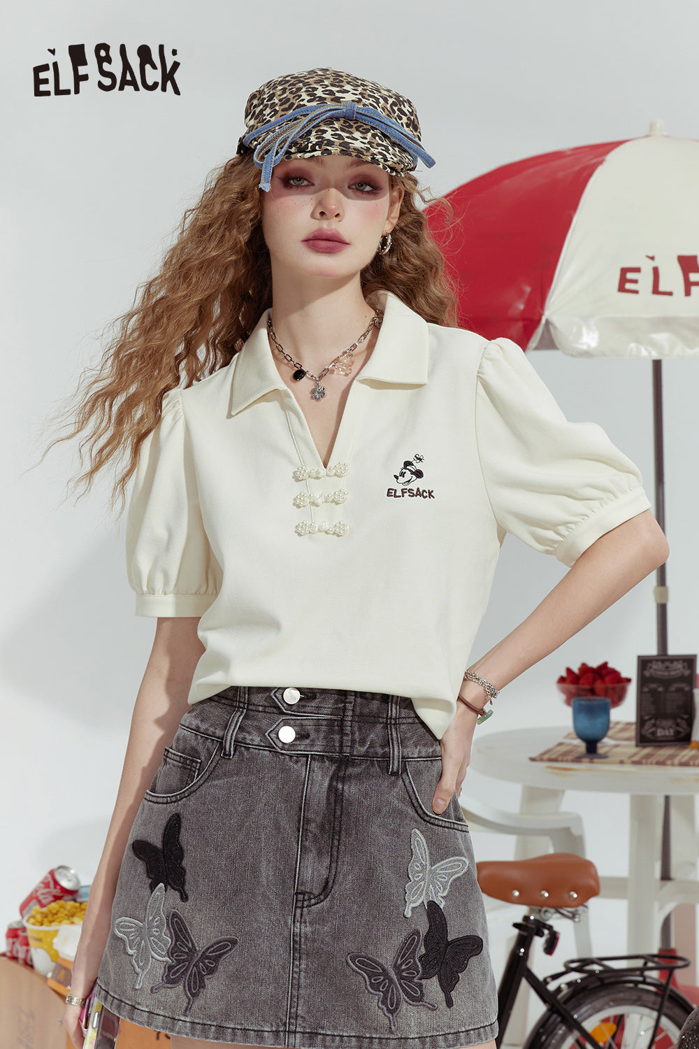ELFSACK Polo collar puff sleeves v-neck three-button straight shoulder slim short sleeve T-shirt