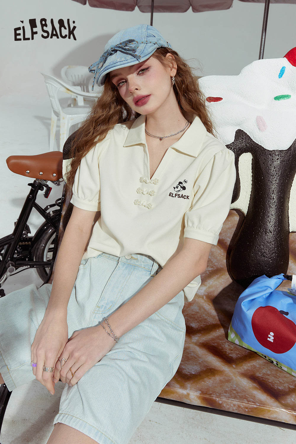 ELFSACK Polo collar puff sleeves v-neck three-button straight shoulder slim short sleeve T-shirt