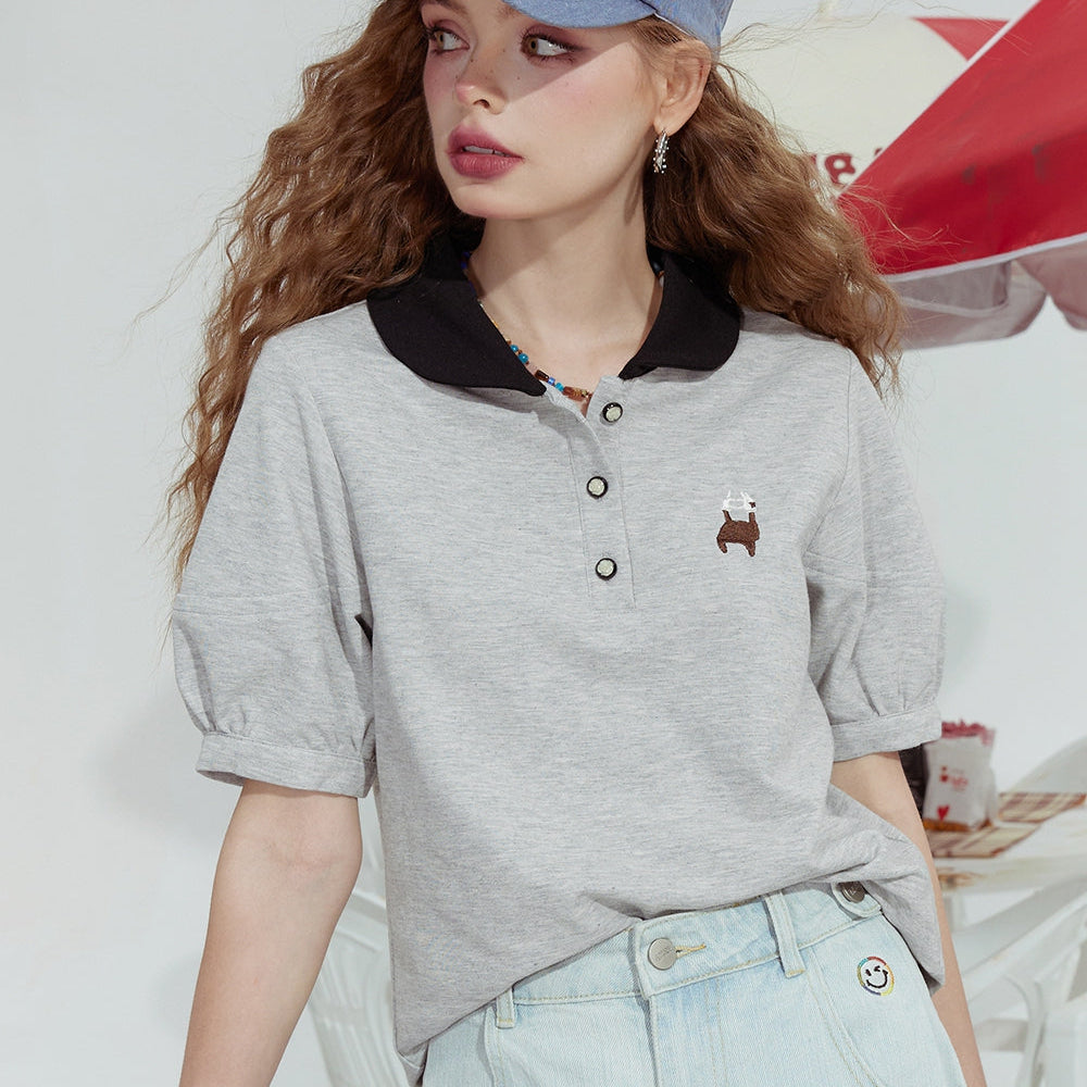 ELFSACK 2024 Summer New Gray slim fit sports casual simple slim POLO shirt short sleeve T-shirt for women