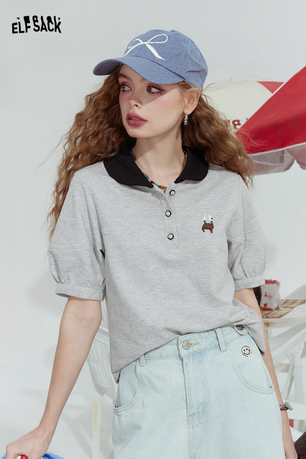 ELFSACK 2024 Summer New Gray slim fit sports casual simple slim POLO shirt short sleeve T-shirt for women