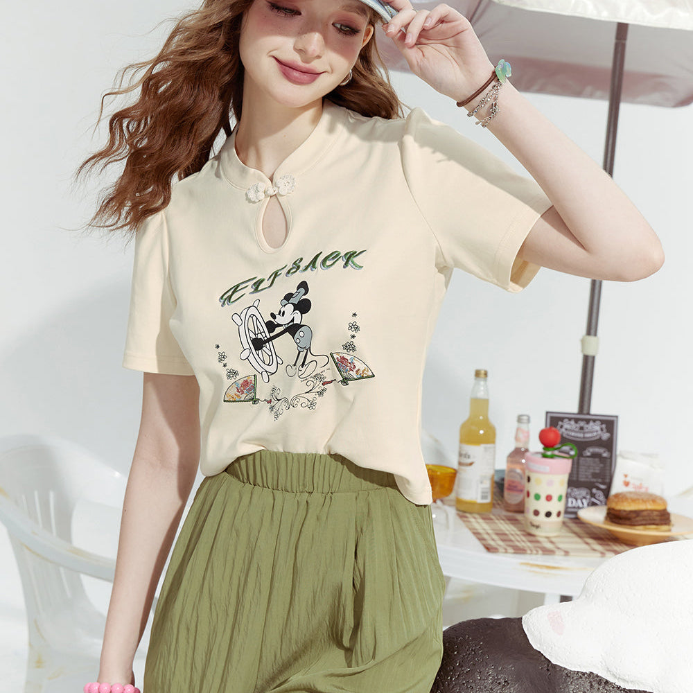 ELFSACK 2024 Summer New Water drop collar new Chinese style tight apricot slim shoulder short sleeve T-shirt for women